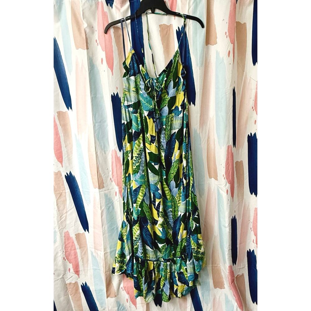 Aerie Paradise Palm Green Blue Halter Cutout Maxi Dress Size Large - Picture 4 of 14